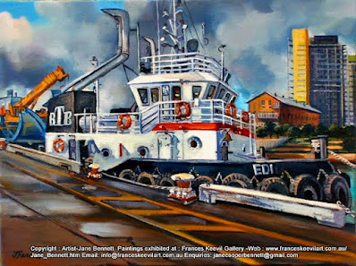 tug ''Edi' at Glebe Island Wharf opposite Jacksons Landing Pyrmont oil painting by artist Jane Bennett